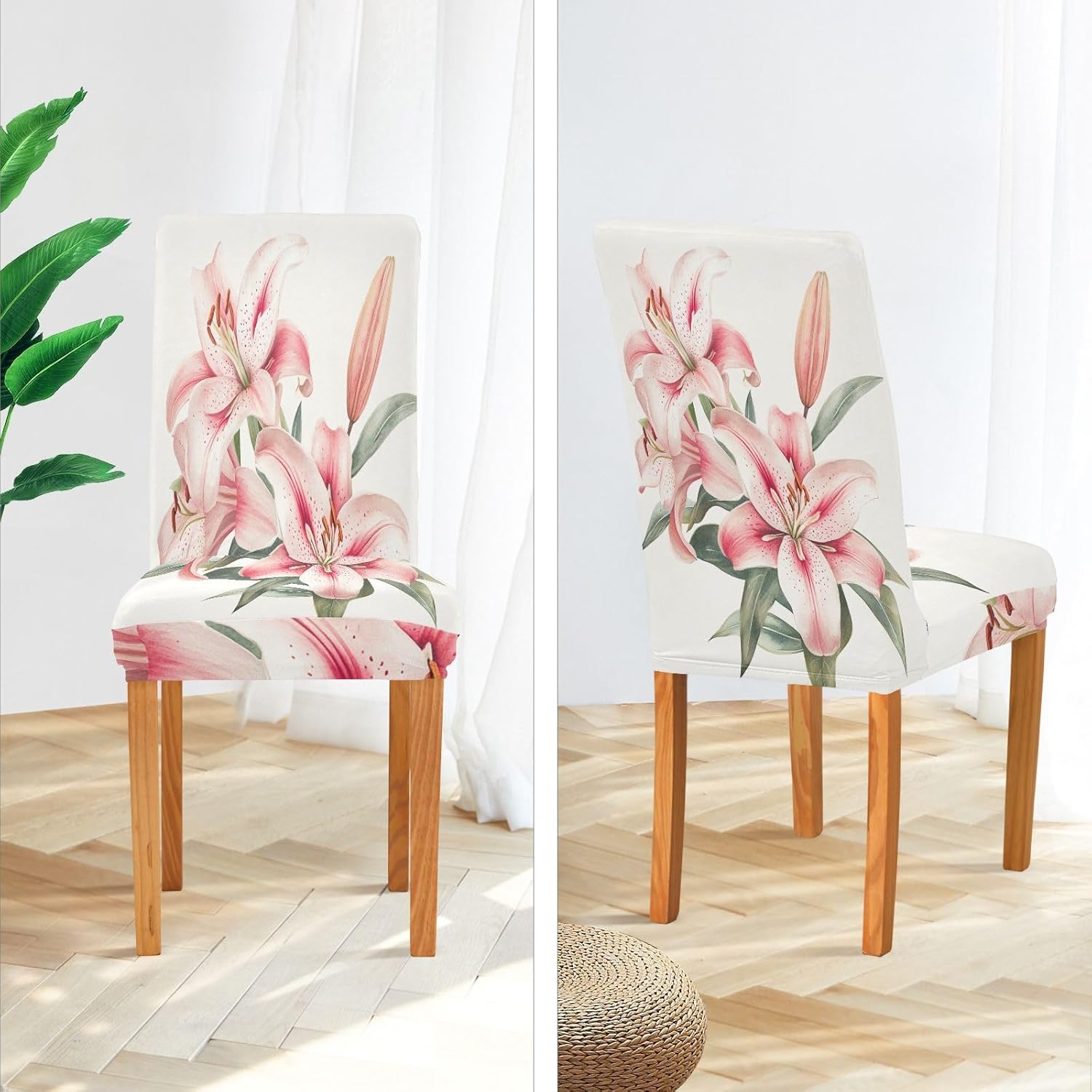 ALAZA Chair Covers for Dining Room, A Graceful Collection of Pink Lily Watercolor Stretch Chair Cover Sets Chair Protector Removable Washable for Ktichen Restaurant Hotel