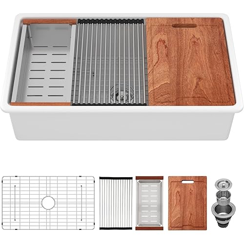 33 White Kitchen Sinks Fireclay Porcelain White Undermount Kitchen Sink Workstation 33x19x10 Inch Single Bowl All in One Large Basin Sinks - Brushed Drain Strainer