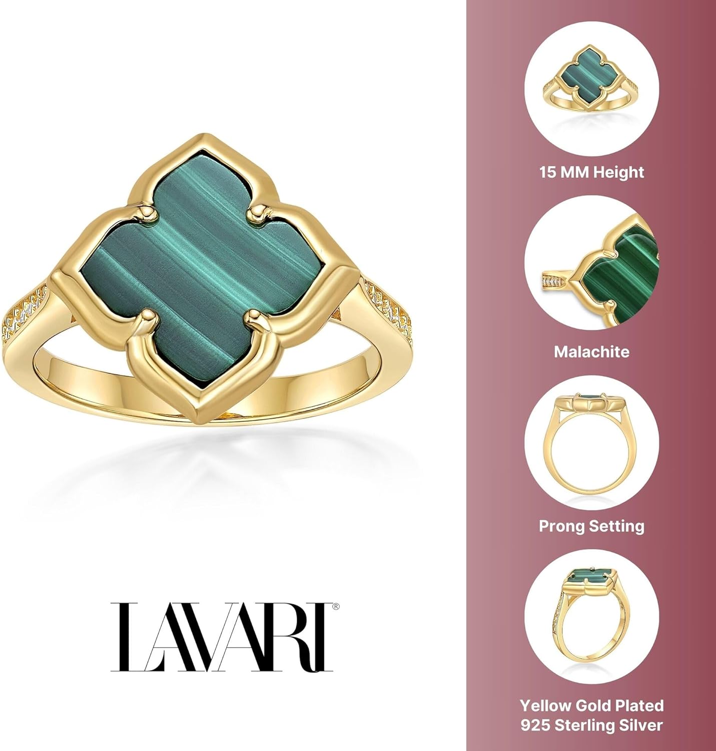 Lavari Jewelers Black Onyx, Malachite or Mother of Pearl Four Petal Flower Ring for Women in 925 Sterling Silver and Yellow Gold Plating with Cubic Zirconia Size 6 to 8 - Image 6