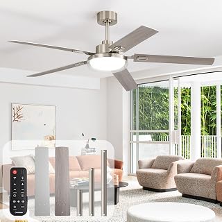 60 Inch Ceiling Fans with Lights and Remote, Living Room Office Industrial, 5CCT Dimmable, Dual Color 5 Blades, 6 Speed Reversible Quiet DC Motor, Double-Layer Lampshade, Sand-nickel/Wood Grain