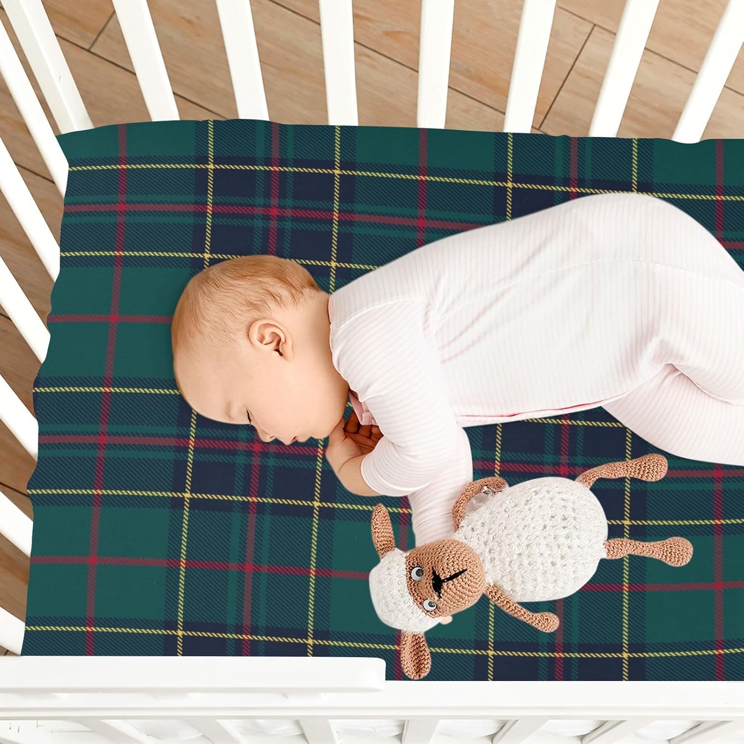 Kigai Red Blue Green Plaid Crib Sheet for Boys and Girls Jersey Knit Fitted Baby Sheet for Standard Crib Toddler Mattress Cozy Soft Breathable, 28x52 inch