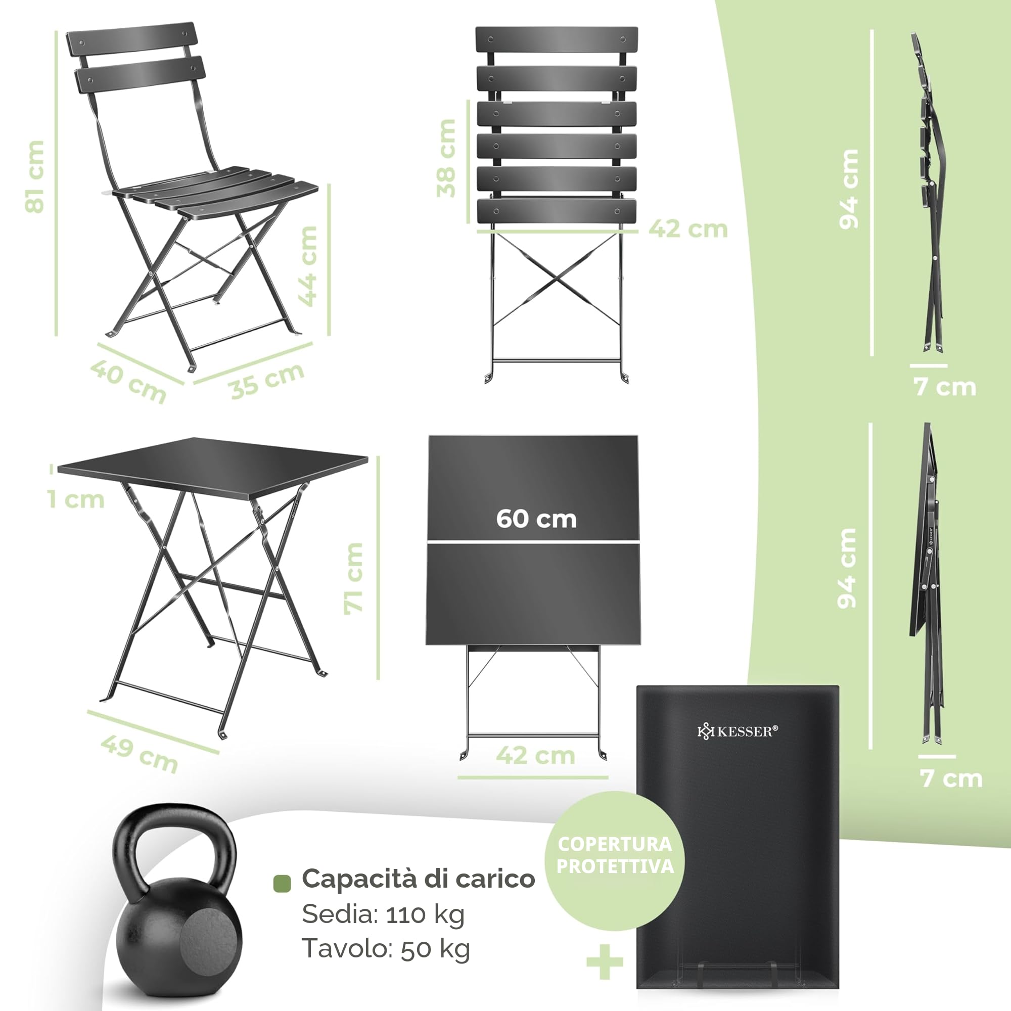 KESSER® Set da bistrò, 3 pezzi, con tavolo da bistrot e 2 sedie pieghevoli, mobili da giardino esterni, resistente ai raggi UV e alle intemperie, set da balcone