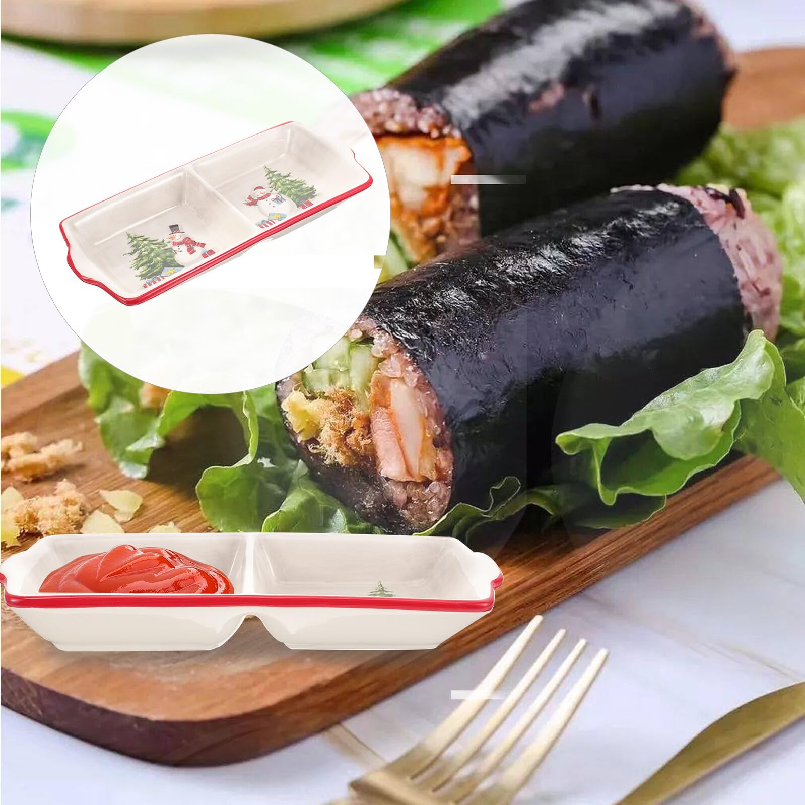 COLLBATH Plato Cerámico Dividido para Servir Alimentos Diseño Navideño Doble Compartimento Plato para Postres y Salsas para Cenas Casa