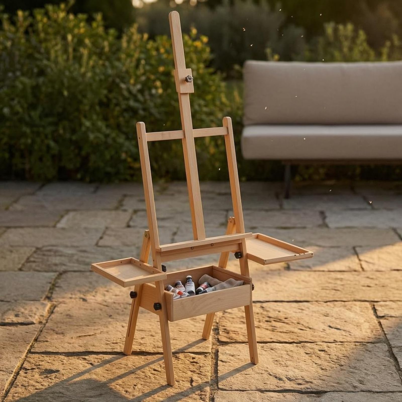 kowaku Caballete de Arte Ajustable Caballete Atril Soporte Trípode Regulable de 115 Cm y Bandeja con Cajas Laterales en Madera, Caballete De Madera Con Bandeja, Color Madera Original