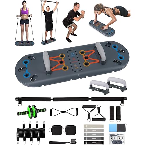 Hikeen Home Workout Equipment to Help Achieve Fitness Goals, 27-in-1 Portable Gym Exercise Equipment with Compact Push-Up Board, Resistance Bands, Ab Roller Wheel, and Pilates Bar, Master Your Workout