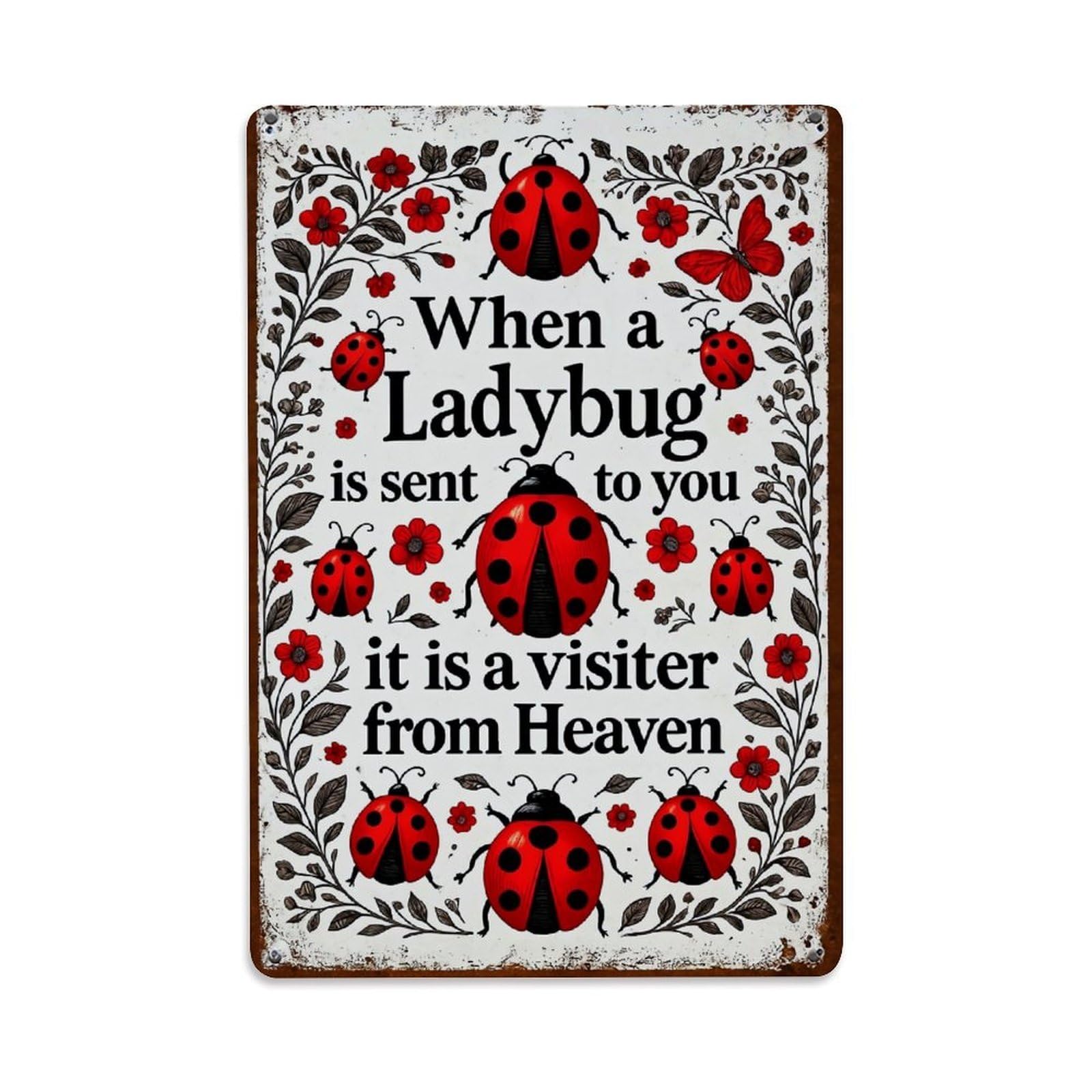 Jdfenggu Vintage Ladybug Flowers Leaves Butterflies Text Retro Metal Tin Sign, Decor Art Poster For Bar, Home, Man Cave, Kitchen, Laundry Room Gift 8X12inch