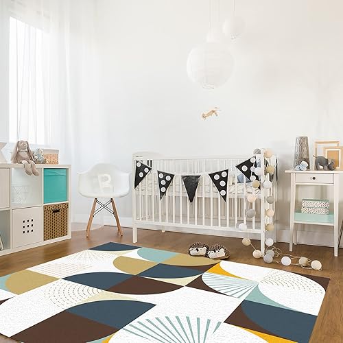 Miniatura 4 de Alfombra moderna de mediados de siglo para dormitorio, sala de estar, color caqui, marrón y gris, bloque de color geométrico, alfombra