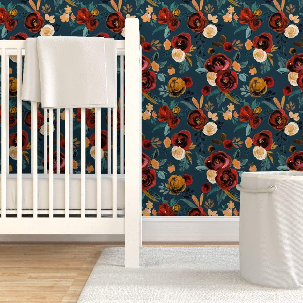 Peel & Stick Wallpaper 3ft x 2ft - Red Rose River Teal Blue Fall Autumn Floral Flowers Gold Custom Removable Wallpaper by Spoonflower