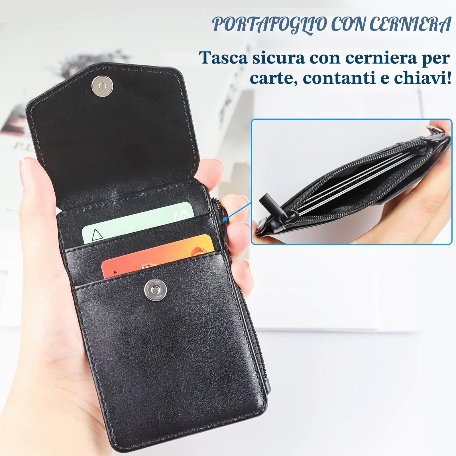 Porta badge in pelle con cordino e bobina retrattile, 4 scomparti per carte d'identità, tasca con cerniera