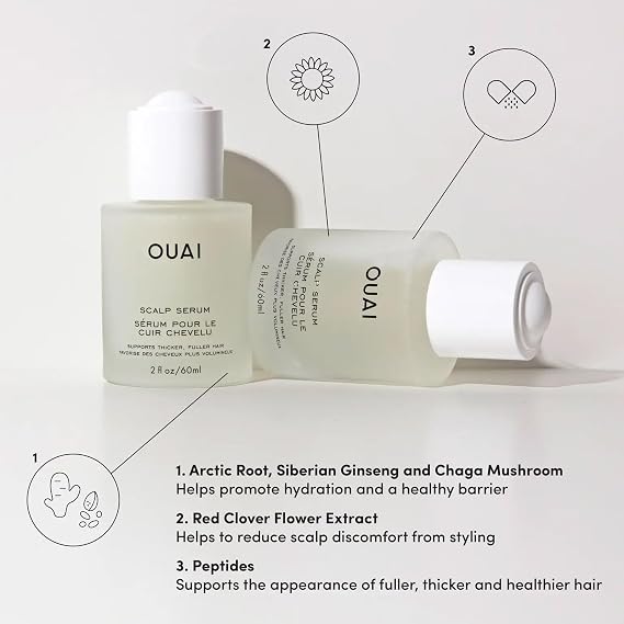 OUAI Thicker Hair Essentials - Hair Thickening Spray (6 Fl Oz), Scalp Serum (2 Fl Oz), Detox Shampoo (10 Fl Oz) - Volume, Strength & Scalp Health