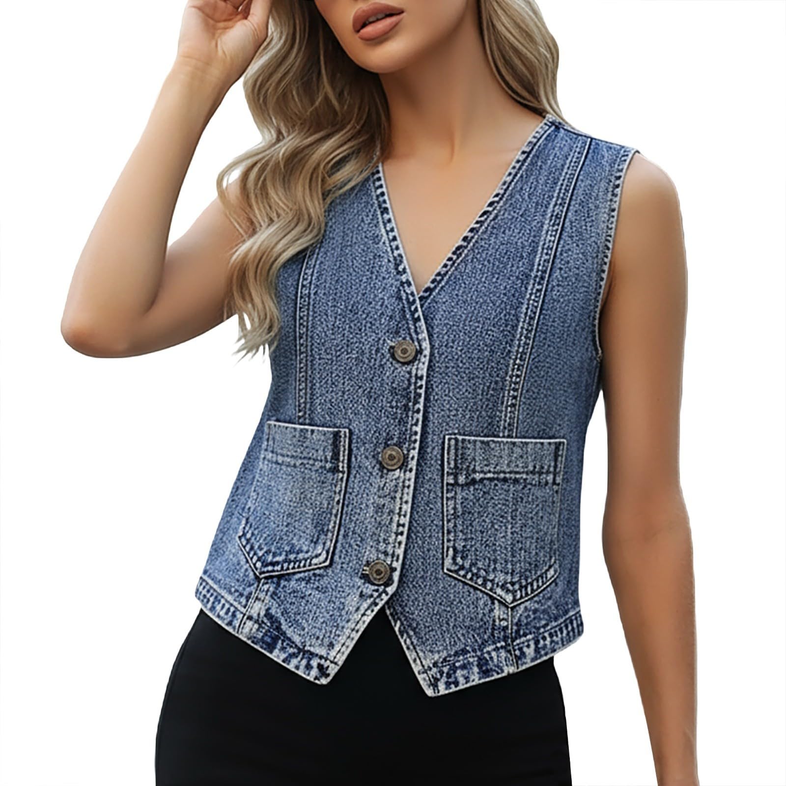 Chaqueta vaquera de color sólido sin mangas que estiliza en verano 6