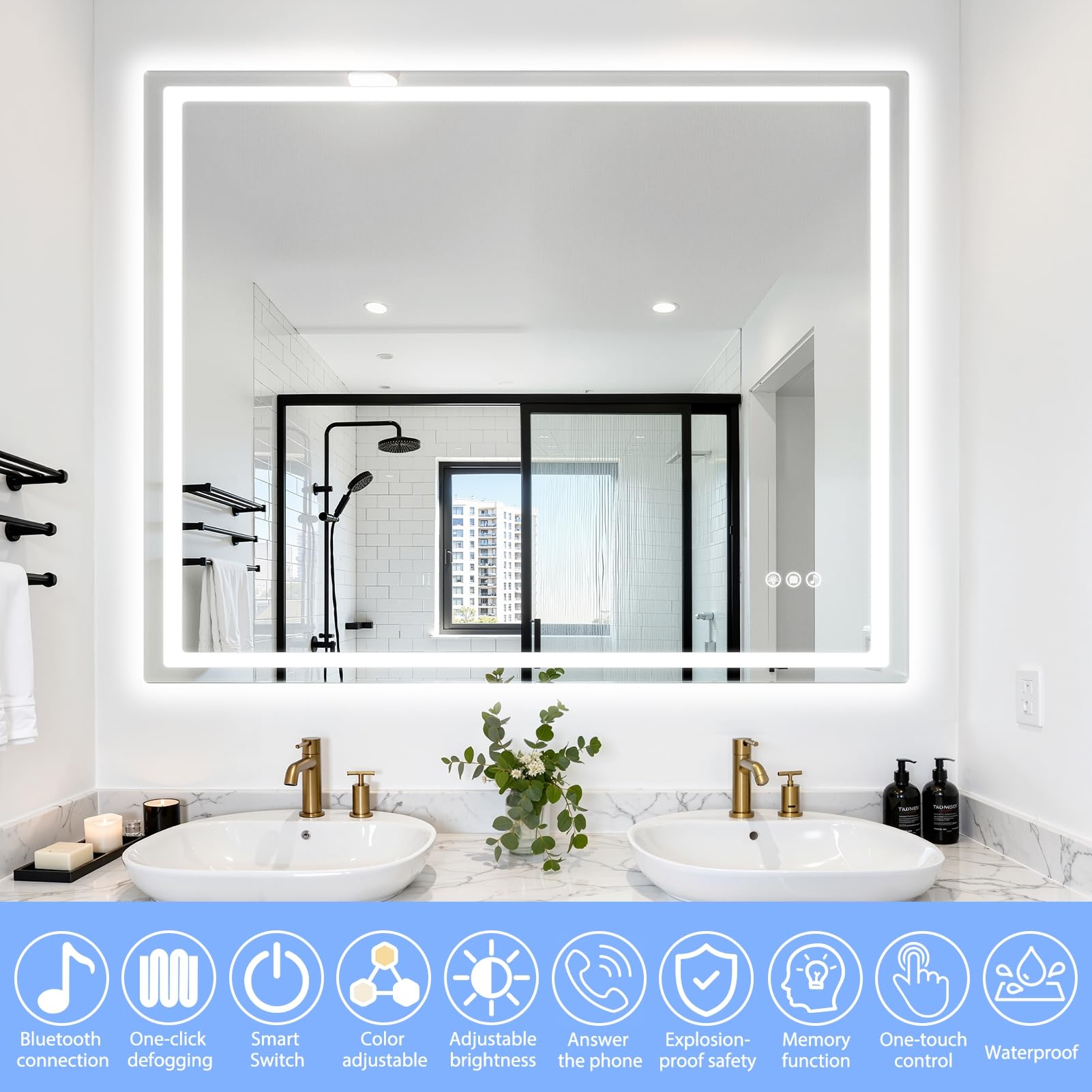 Miroir LED Salle de Bain 100x80 cm, Antibué, Haut-Parleurs Intégrés, Éclairage 3 Températures avec Toucher Sensible, Mémoire d’Éclairage – Mural pour Toilette B