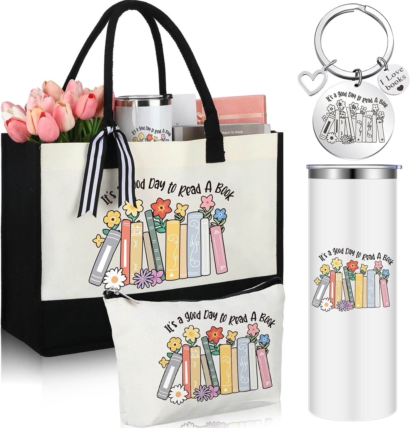 4 Pcs Book Lovers Gifts Set for Women Canvas Tote Bag 20oz Tumbler Keychain Readers Librarian Bookish(Book Style)