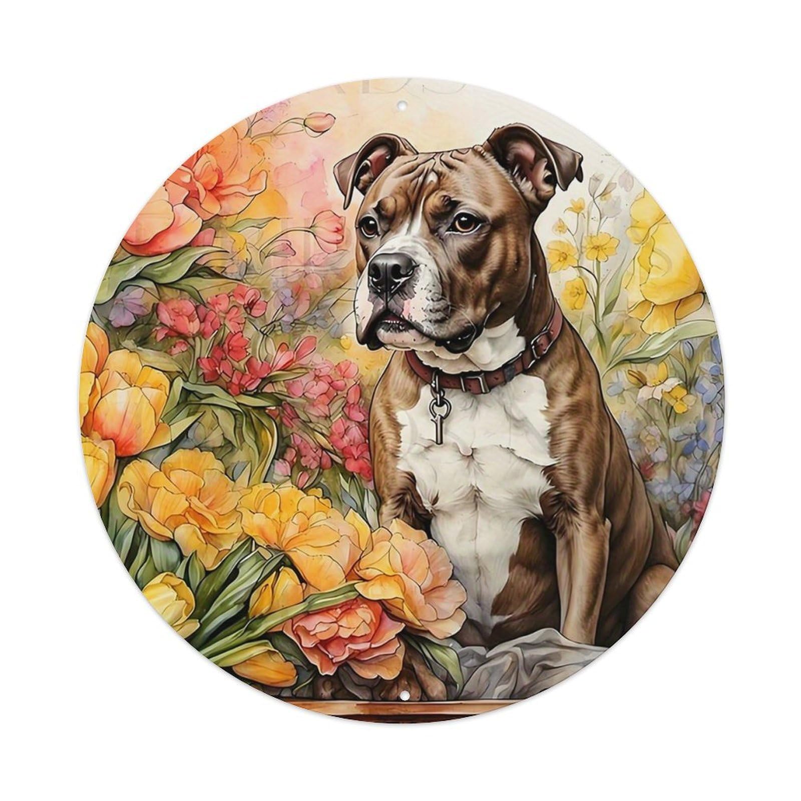 Jdyansheng Vintage Dog Surrounded By Colorful Flowers Tin Sign Metal Poster Metal Signs For Home Man Cave Bar Cafe Kitchen Laundry Room Wall Decorations 8X8 Inches