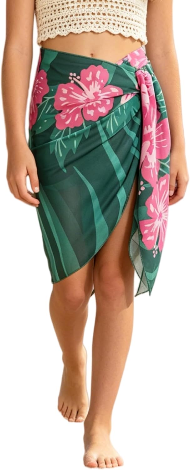 Girls Green Floral Chiffon Sarong Swimsuit Cover Up - Beach Wrap Bathing Suit Coverup, One Size for 7-15 Years