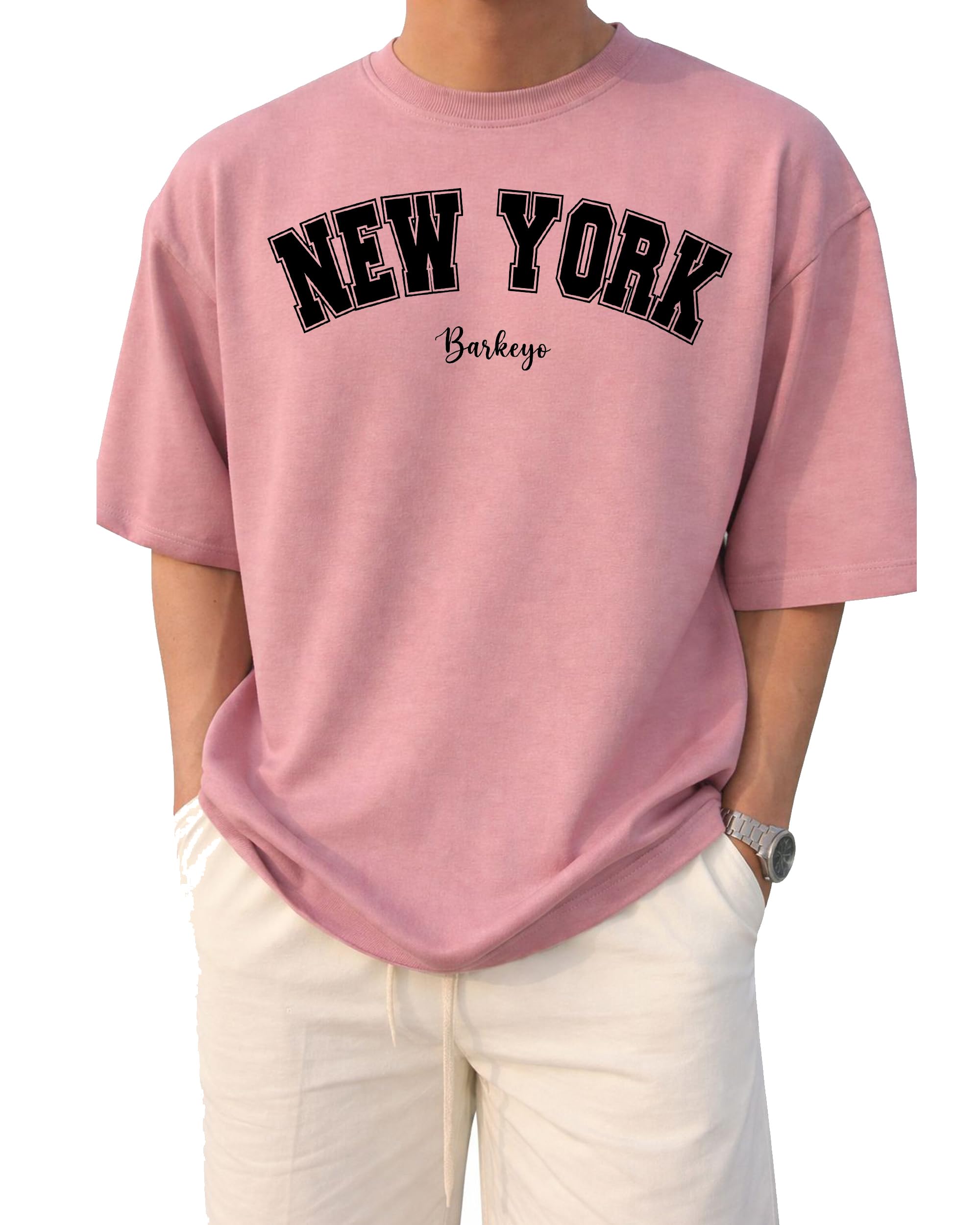 barkeyo Men's Half Sleeve Round Neck French Terry Graphic Print Oversized Tshirt for Man (Newyork-ft)-picture-14