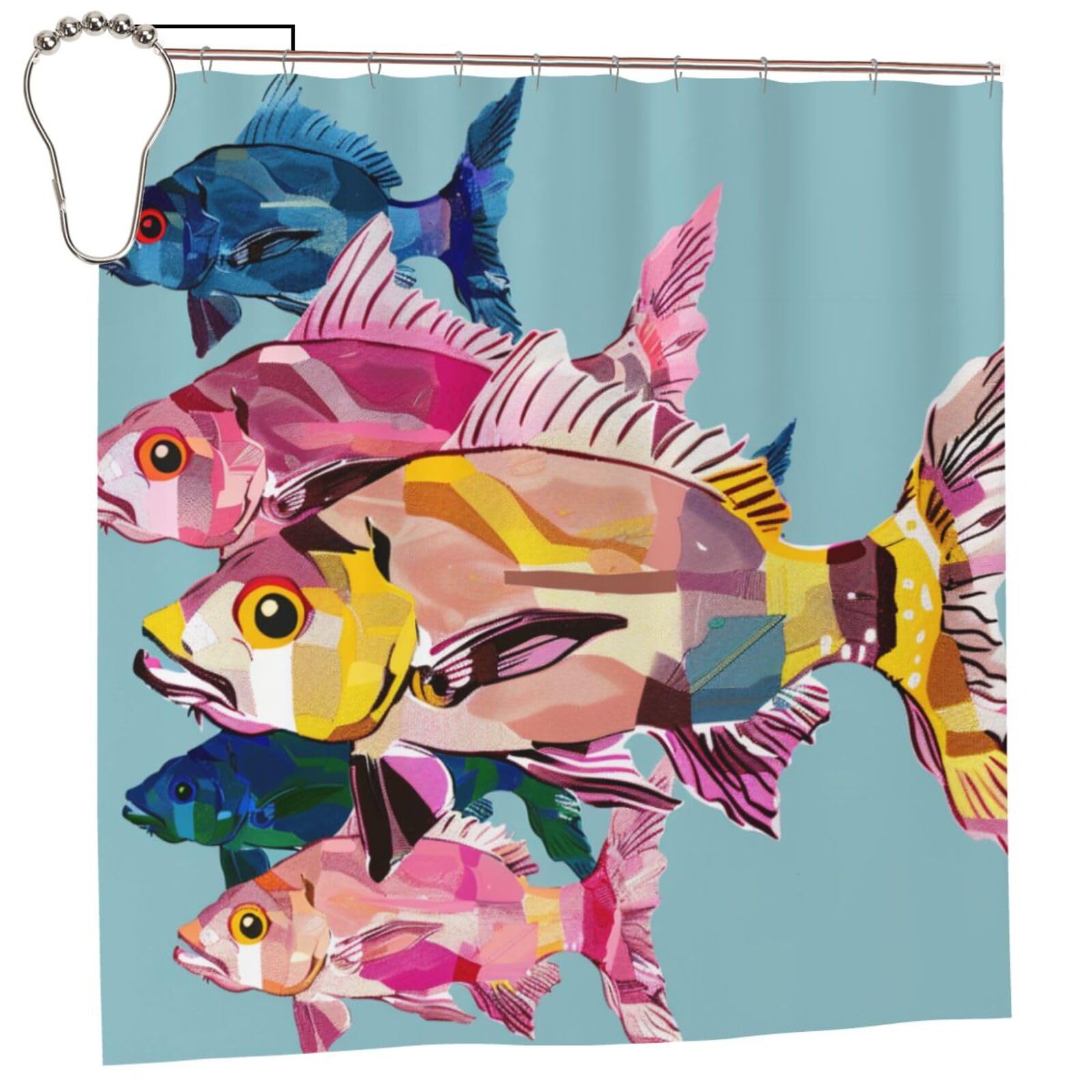 BWWHCCTI Colorful Fish Cartoon Printed Shower Curtain With 12 Iron Hooks Opaque Quick Drying Waterproof Shower Curtains Sets For Bathroom 183x183 CM