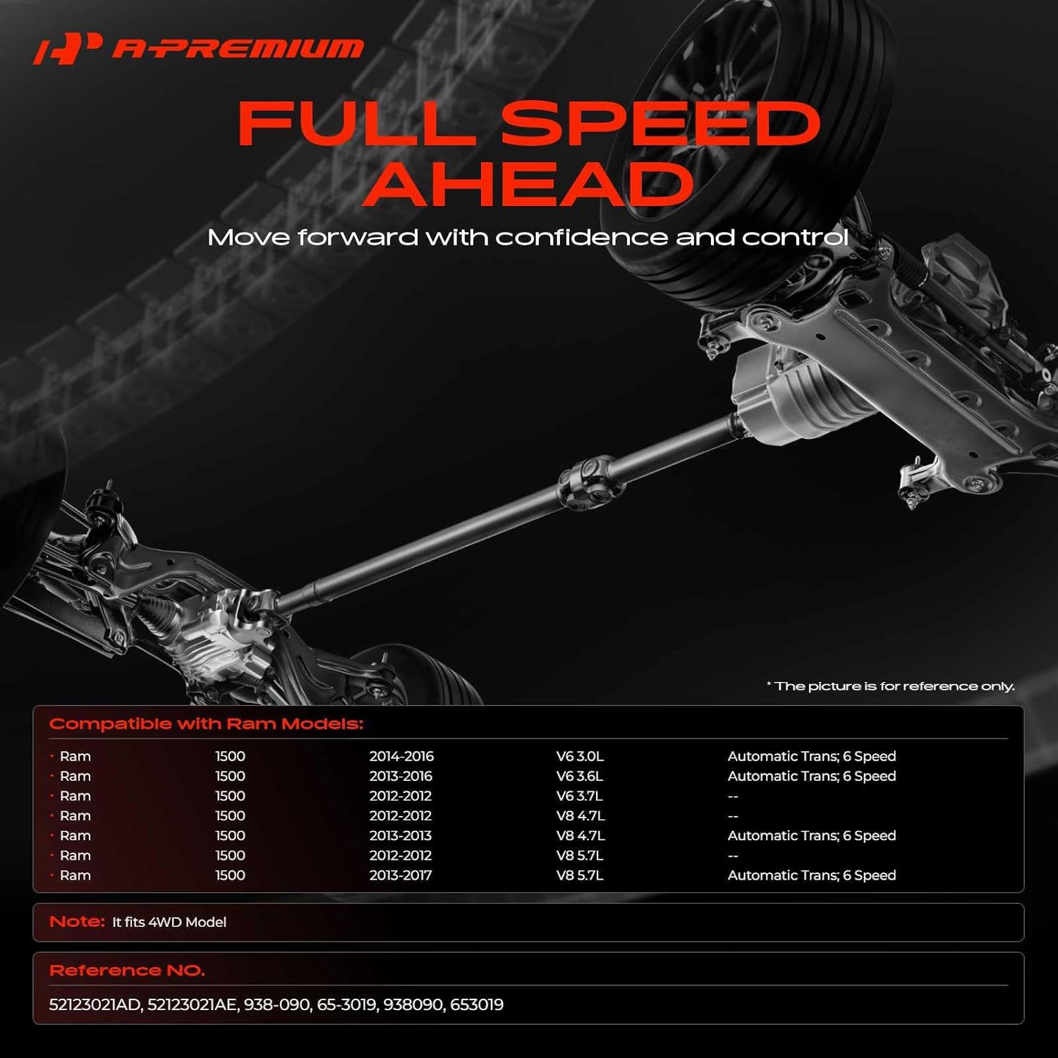 A-Premium Front Drive Shaft Driveshaft Assembly Compatible with 2012 Ram 1500 Driveshaft, 2013-2017 1500 Driveshaft Automatic 6 Speed Trans., [4WD], Replace#52123021AD, 52123021AE, Complete Prop Shaft