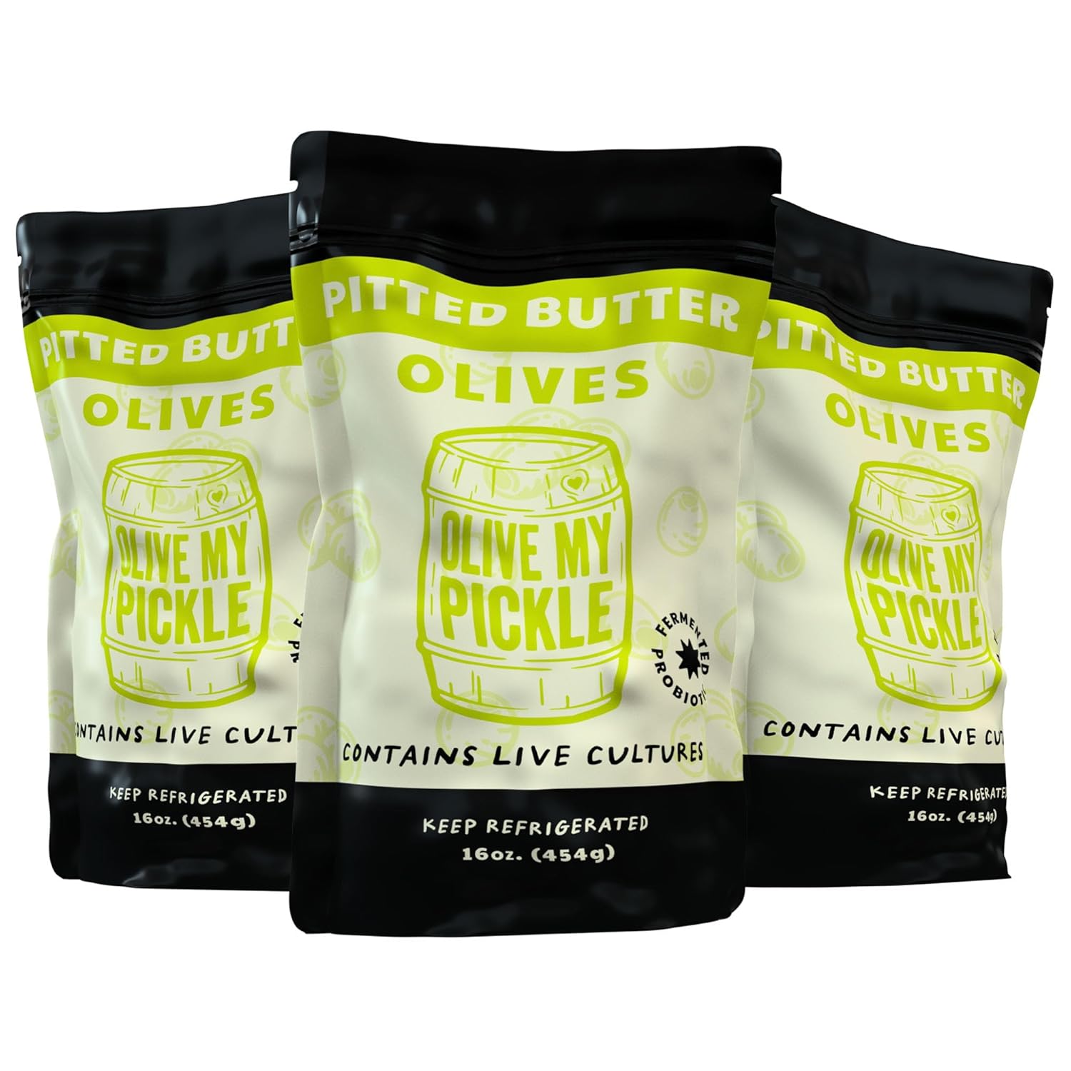 Olive My Pickle Green Olives Pitted Butter 48 oz | 3 Pack Bundle of Healthy Live Culture Castelvetrano Olives Pitted for Gut Health | Perfect Olive Snack Packs for Paleo Diets & More - 16oz per bag