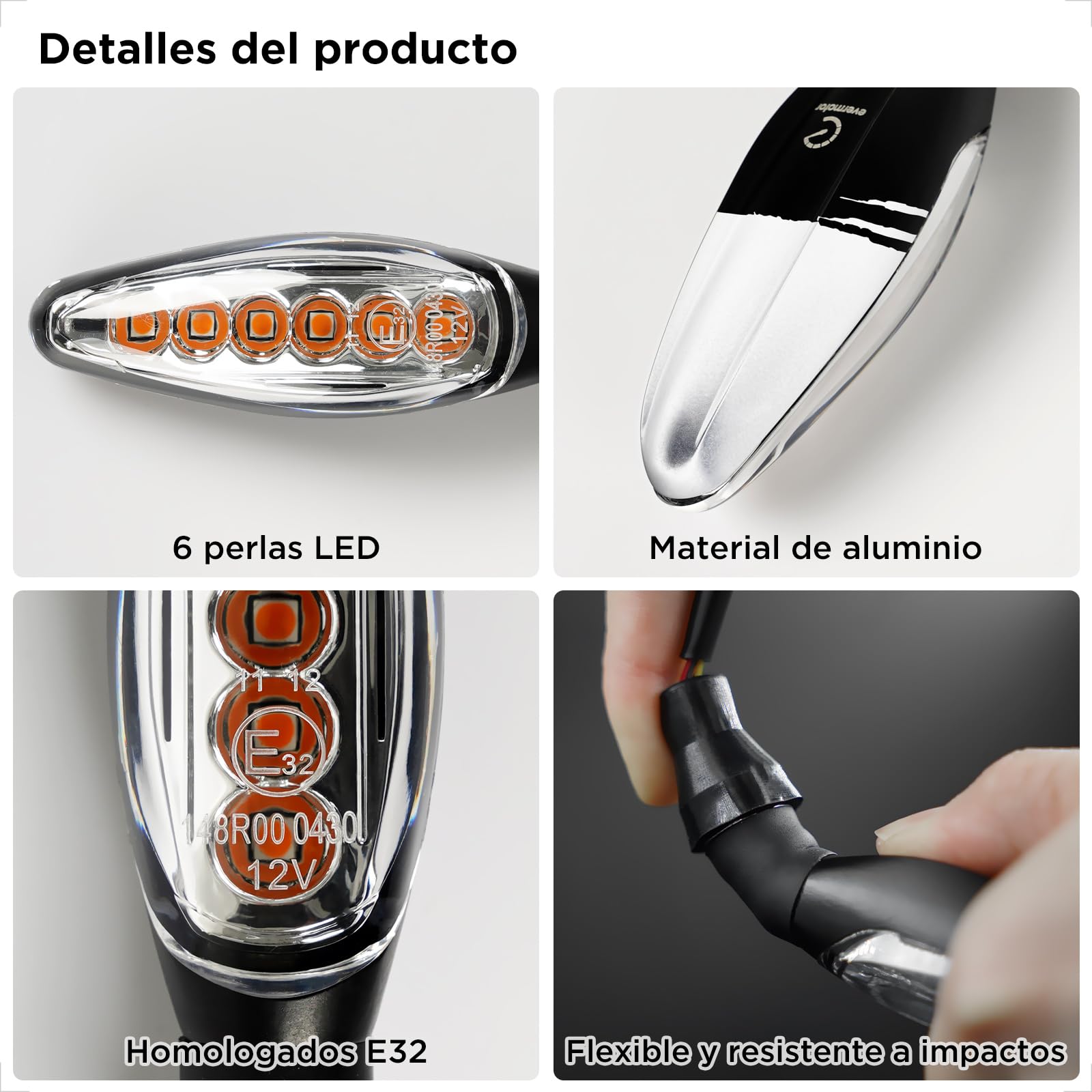 evermotor Moto Intermitentes Homologados, E32 12V 4 piezas, Universal LED motocicleta con efecto de funcionamiento señales de giro carcasa de aluminio Quad ATV, IP67 impermeable