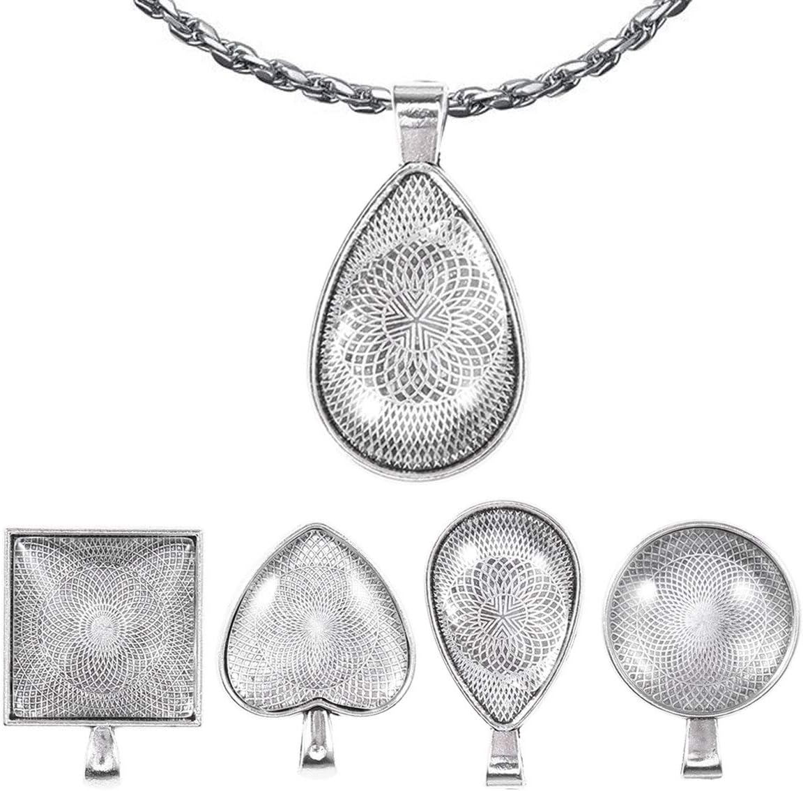 HEALLILY Gem Tray Set 48Pcs Silver Pendant Bezel Trays with Dome Glass Cabochons for Jewellery Making DIY Craft Accessories - Image 4