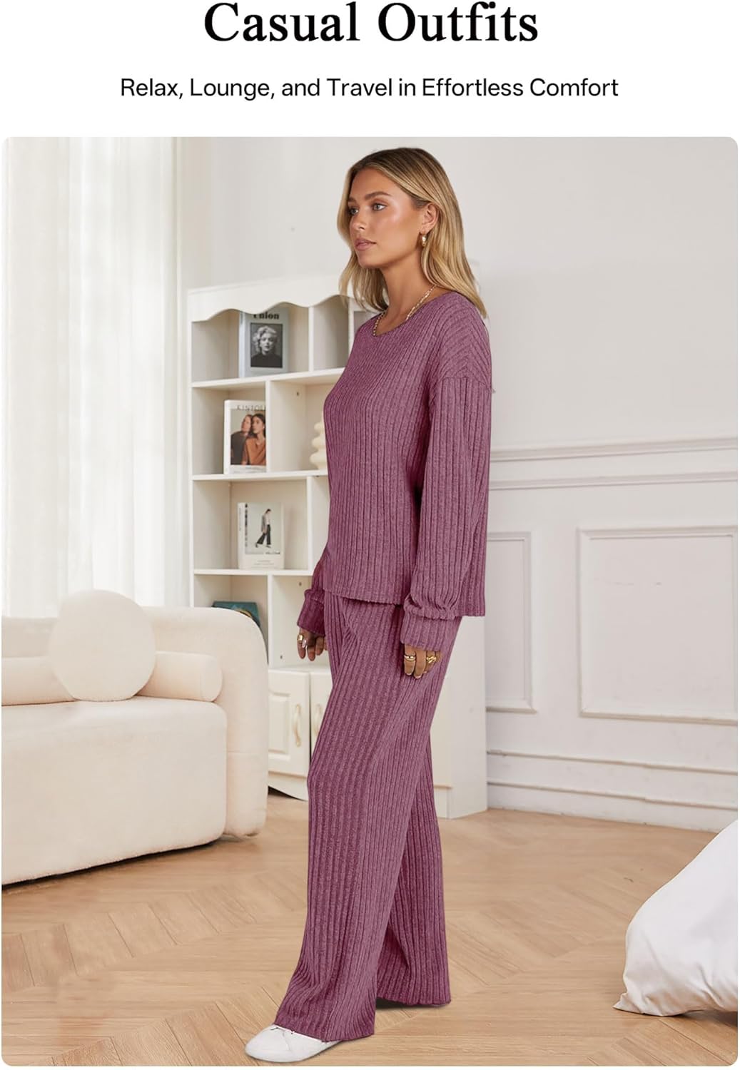 Women's Ribbed Knit Lounge Set, 2-Piece Long-Sleeve Top and High-Waist Pants: Soft Comfy Loungewear for Home Travel - Image 4