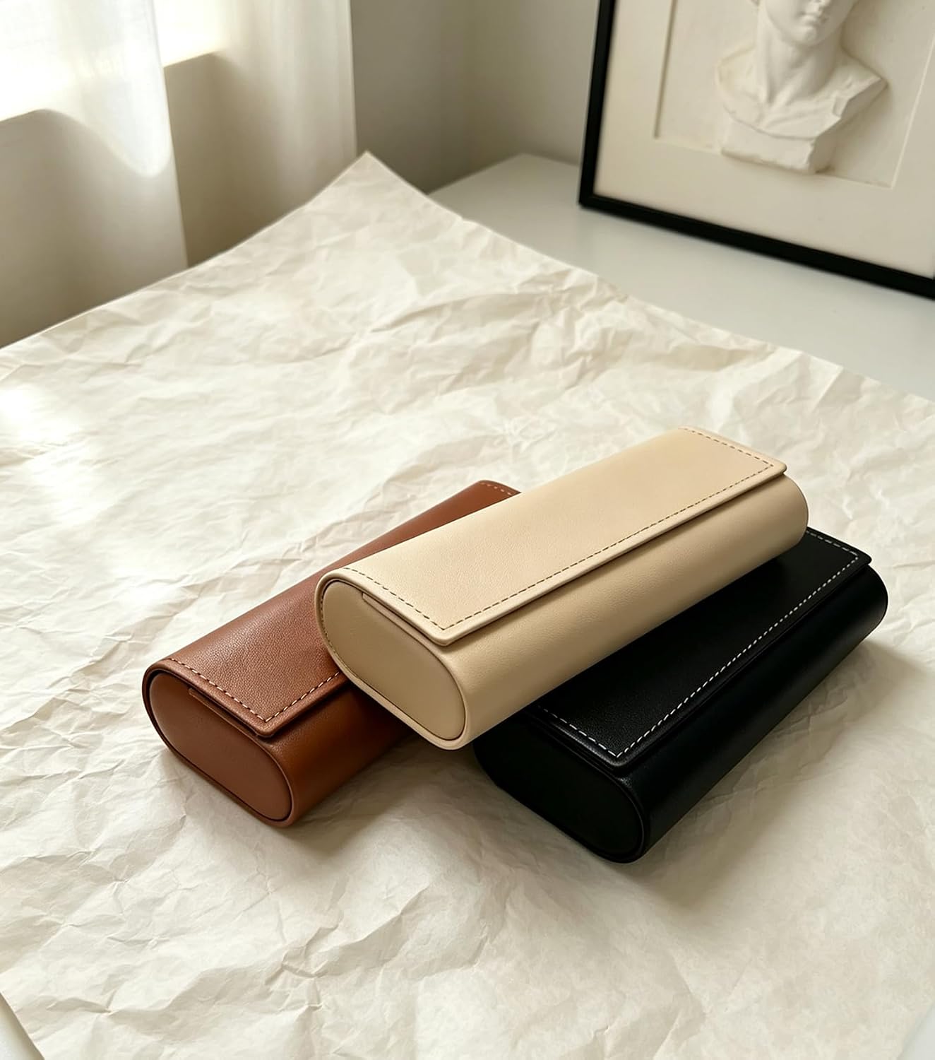 3 Pack Eyeglasses Case with Magnetic Closure, PU Leather Glasses Case Set, Slim Protective Hard Shell Eyewear Case for Women Men (Black, Caramel, Nude)