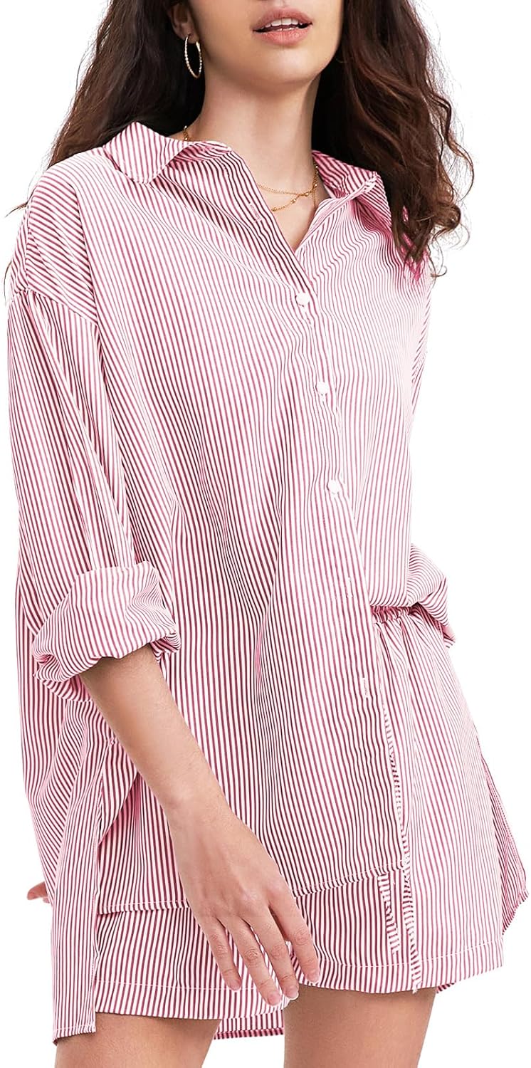 EXLURA Women's Cotton Summer 2 Piece Sets Long Sleeve Button Down Shirts Matching Short Sets Beach Vacation Cruise Outfits