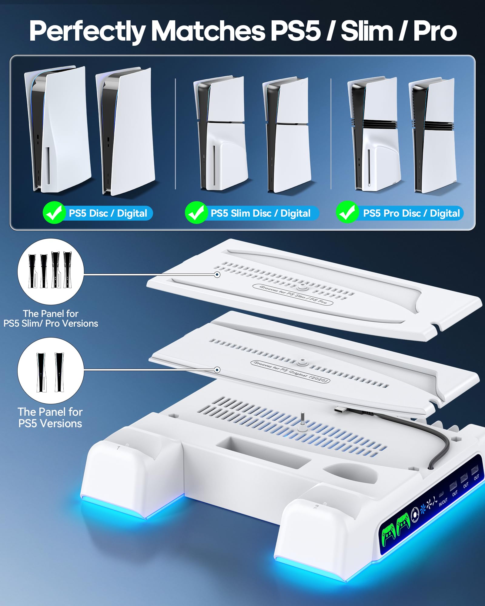 PS5/ Slim/Pro Stand for Disc & Digital Console, PS5 Cooling Station with Dual Controller Charging Station for PlayStation 5 Console, 3-Level Fan PlayStation 5 Controller Charger Accessories Stand