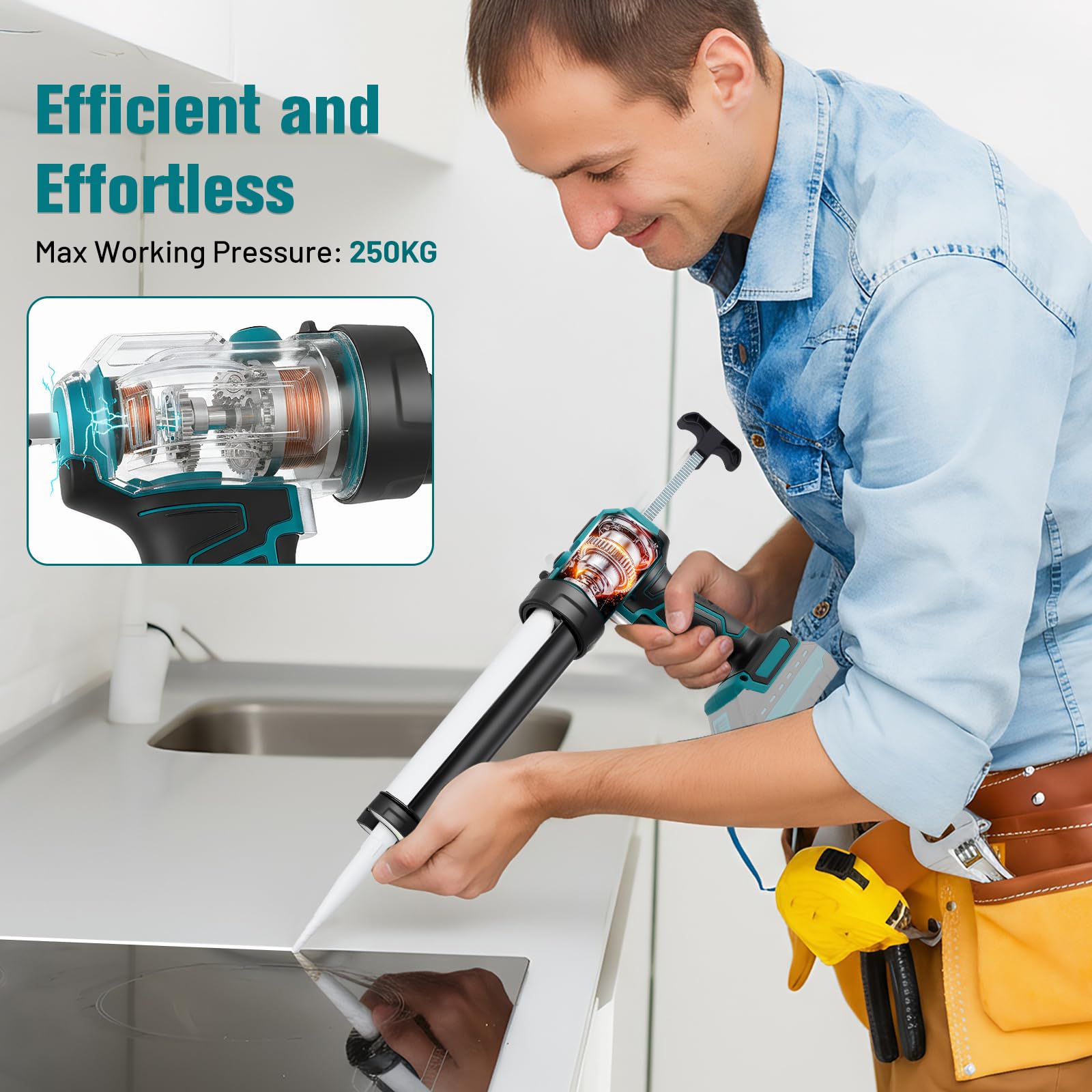 Pistola de calafateo con batería compatible con Makita de 18 V, pistola selladora automática con 4 niveles de velocidad y luz LED, protección contra goteo, rotación de 360° (10oz/300 ml)