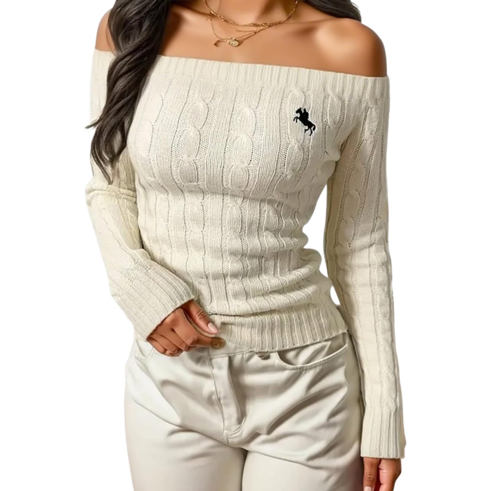 Womens Elegant Off-Shoulder Long Sleeve Sweater Stretch Knit Pullover Top for Versatile Fashionable Wear