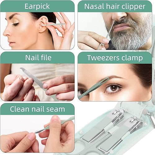 Miniatura 5 de Kit de cuidado de uñas de 7 piezas, estuche de viaje de cuero verde menta, juego de manicura, kit de cortauñas, herramientas de uñas con lujosa