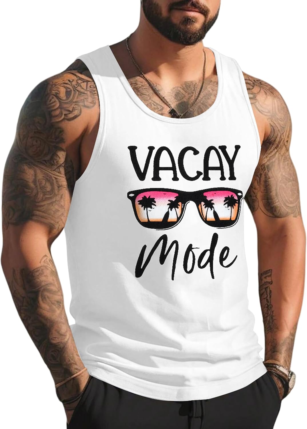 Mens Tank Tops Summer Beach Vacation Sleeveless Shirts Casual Palm Graphic Muscle Gym Workout Tank Top