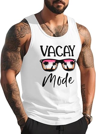 Mens Tank Tops Summer Beach Vacation Sleeveless Shirts Casual Palm Graphic Muscle Gym Workout Tank Top