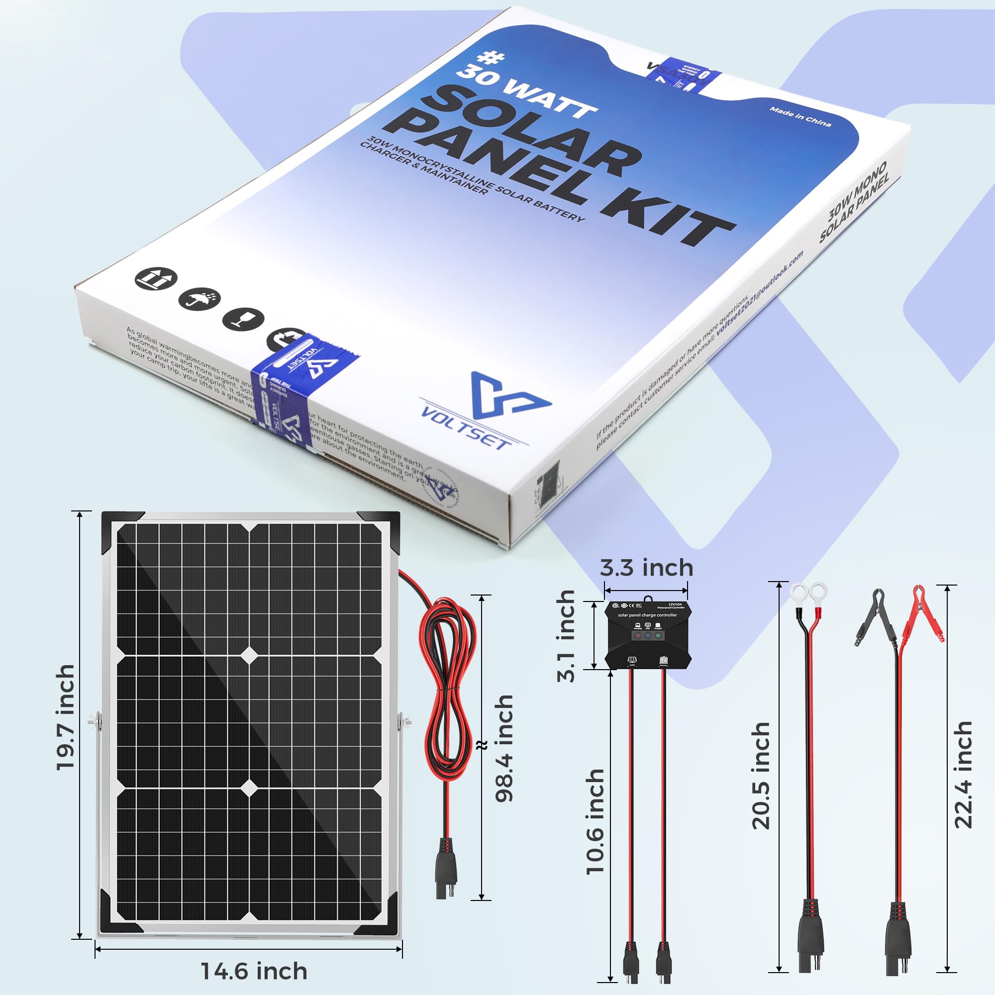 Voltset Kit de panel solar de 30 W y 12 V, cargador de batería solar monocristalino + controlador de carga MPPT de 10 A + soporte de montaje ajustable para coche, RV, barco, motocicleta, abridor de