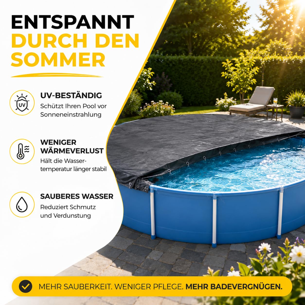 Runde Poolplane aus hochwertiger, extra starker 200 g/m² Folie – UV-beständige Solarabdeckung für ganzjährigen Einsatz im Sommer & Winter – langlebige, schwarze Poolabdeckung (420 – 460 cm (Ø 520 cm))