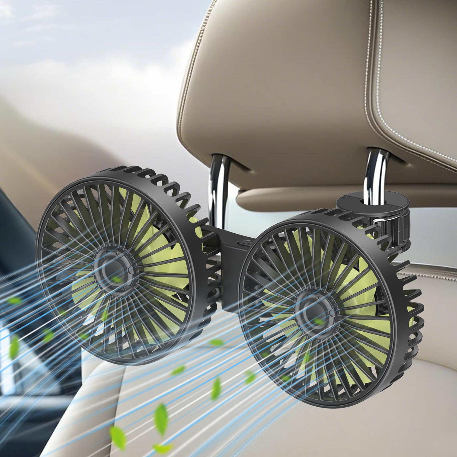 Qidoe Ventilateur de voiture double tête USB pour siège arrière, 3 vitesses réglables, 360° pivotant ventilateurs de refroidissement de voiture air frais pour enfants, chiens, berline, SUV, camion