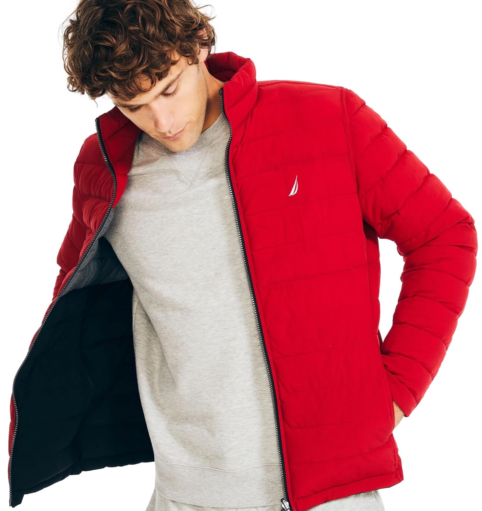 Nautica Men's Reversible Quilted Puffer Jacket –Midweight Mechanical Stretch Winter Coat, Red/Black X Grey., XL