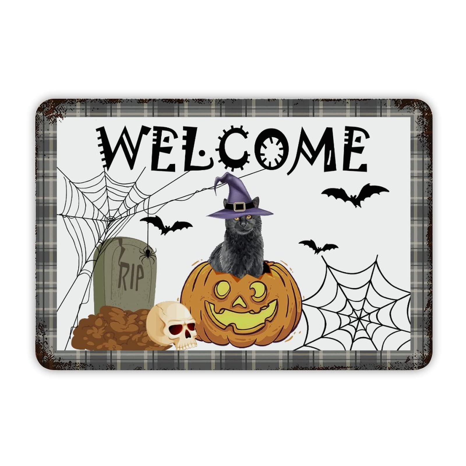 ENEDNATE Happy Halloween Witch Hat Cat Pumpkin Welcome Aluminum Tin Metal Sign for Indoor Outdoor Business Retail Store Patio Yard Home Decoration Easy to Mount Wall Art Print Poster 8x12 Inch