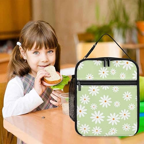 Miniatura 7 de LynaRei Lonchera portátil con aislamiento para mujer, diseño de margaritas verdes, bonita bolsa de almuerzo para niña, escuela, reutilizable,