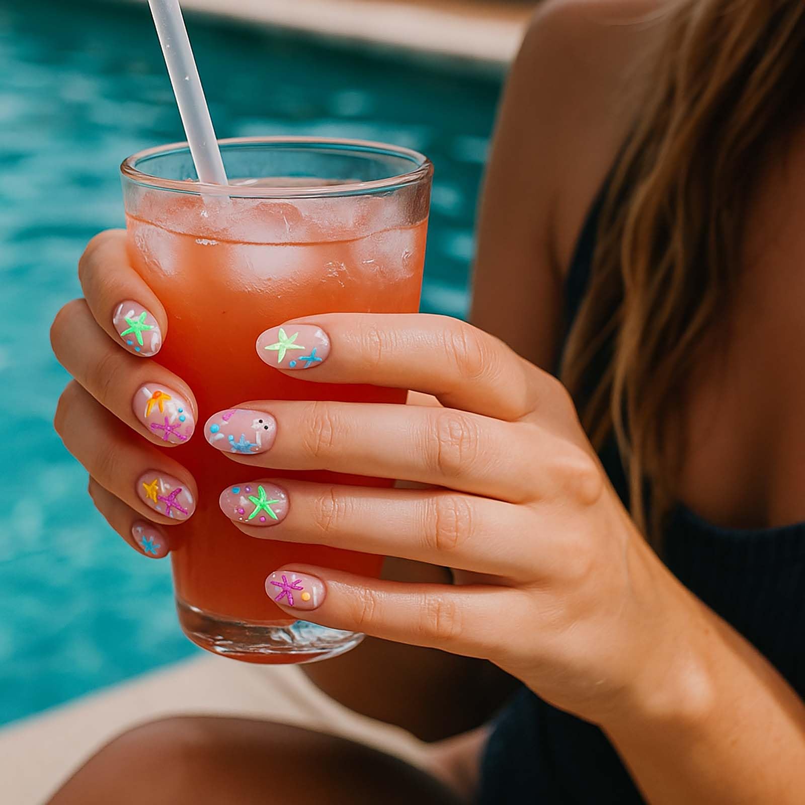 Ocean Starfish Coral Design Press On Nails, 24Pcs Short Glossy False Nails With Unique Marine Patterns - Image 3