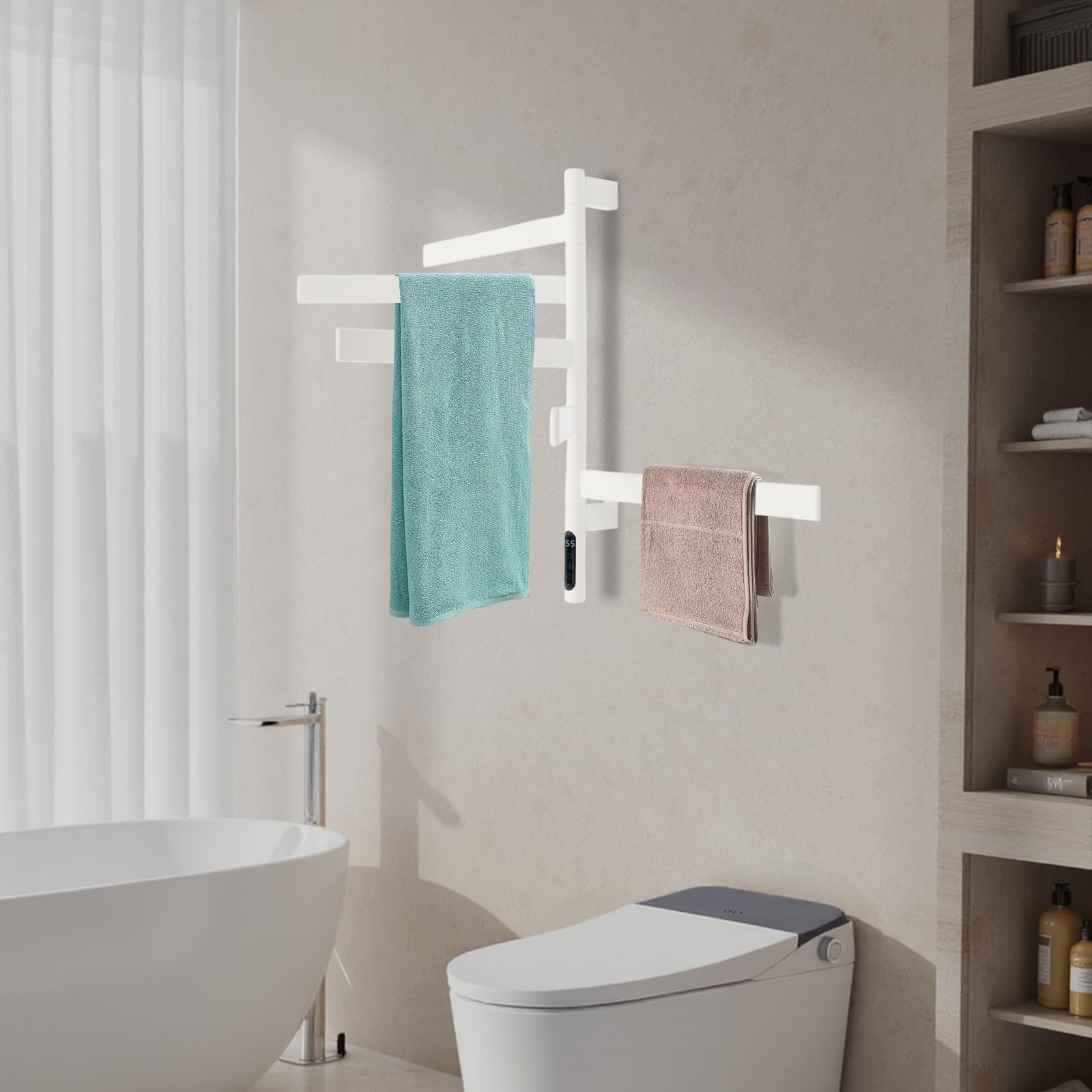 Weißer 5-stabiger Elektrischer Handtuchwärmer – Drehbar | Schnellheizung & Timer-Funktion | Ideal Für Badezimmer | Wellnessbereich & Gäste-WC – Stilvoll | Praktisch & Platzsparend