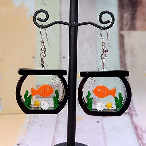 Vista 6 de Unique Goldfish Fish Bowl Aquarium Statement Dangle Earrings, Funny Jewelry for Aquatic Pet Fish Enthusiast