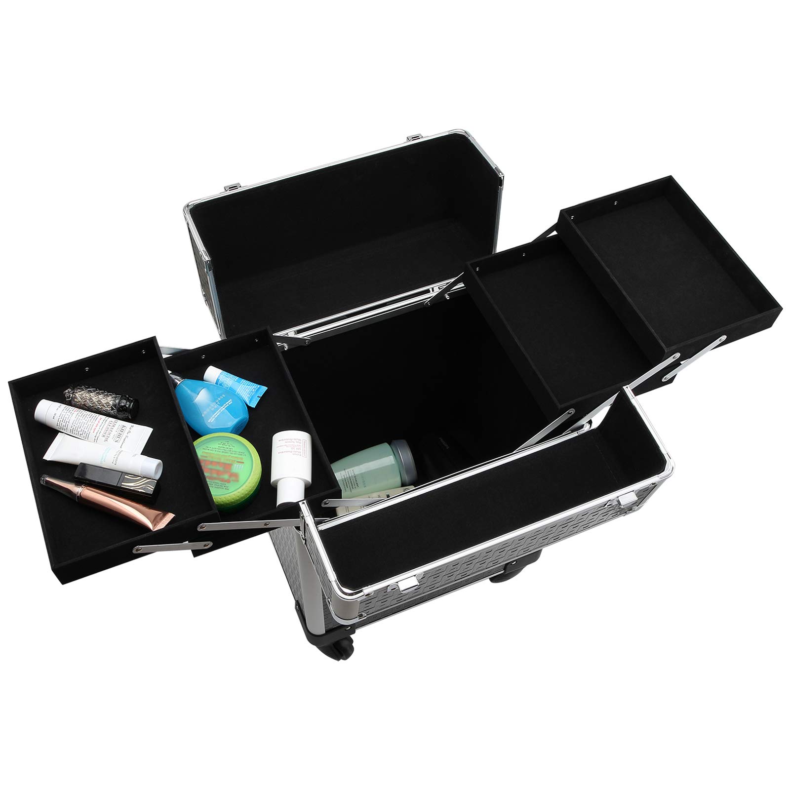 HOMCOM Maleta de Maquillaje Profesional con Ruedas, Maletín de Maquillaje con Mango, 2 Bandejas, Compartimento Inferior, Cerradura y 2 Llaves, para Salón, Peluquería, Negro