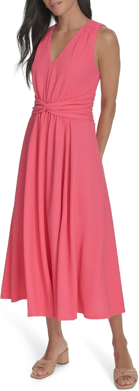 Calvin Klein Womens Sleeveless V-Neck Gathered A-line Midi Dress - Image 3