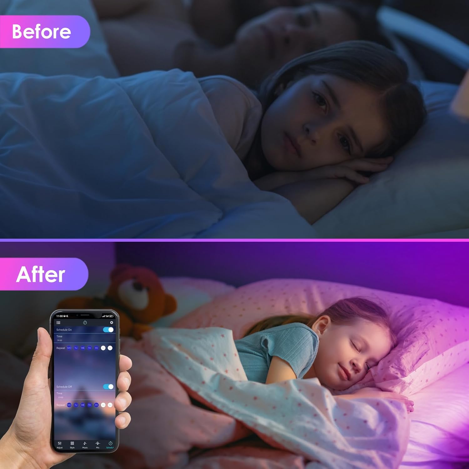 Before and after image showing a child sleeping in a room with LED lights. The 'before' image shows a dimly lit room, while the 'after' image shows the room illuminated with soft, colorful LED light, controlled by a smartphone app, demonstrating the timer mode for creating a pleasant sleep environment.