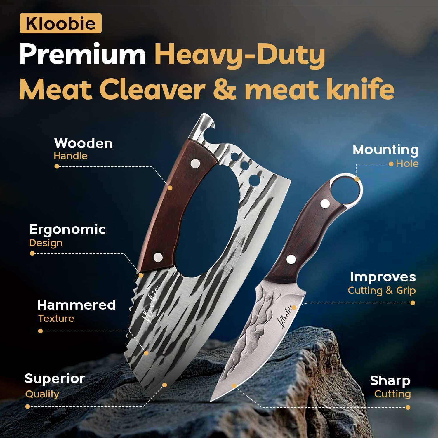 Everyday Carry Knife & Meat Cleaver Set, Fixed Blade Hunting and Butcher Knife Combo, Razor Sharp with Sheath for Outdoor, Camping, Survival and Heavy Duty Cleaver for Meat Cutting, Cooking