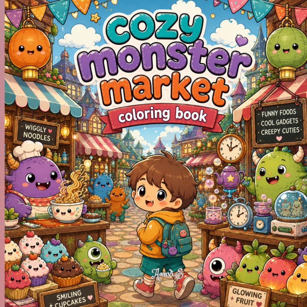 Cozy Monster Market Coloring Book: Cute Kawaii Fantasy Shops, Funny Monsters, Cozy Town Scenes & Relaxing Coloring Pages for Adults and Teens