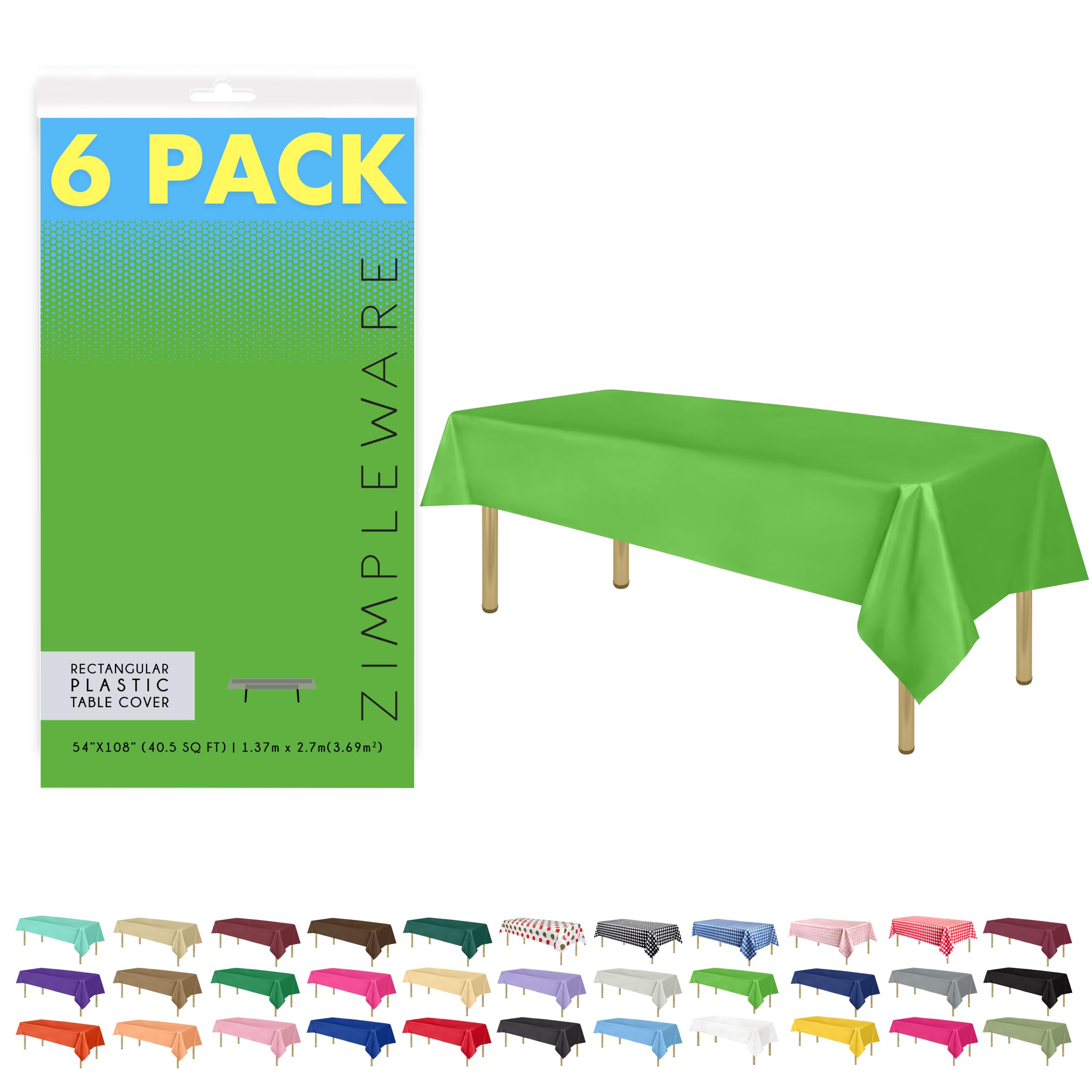 ZIMPLEWARE Premium Lime Green Plastic Table Cloth Disposable (6 Pk) Plastic Tablecloths for Rectangle Tables (54in x 108in) Party Table Cloths