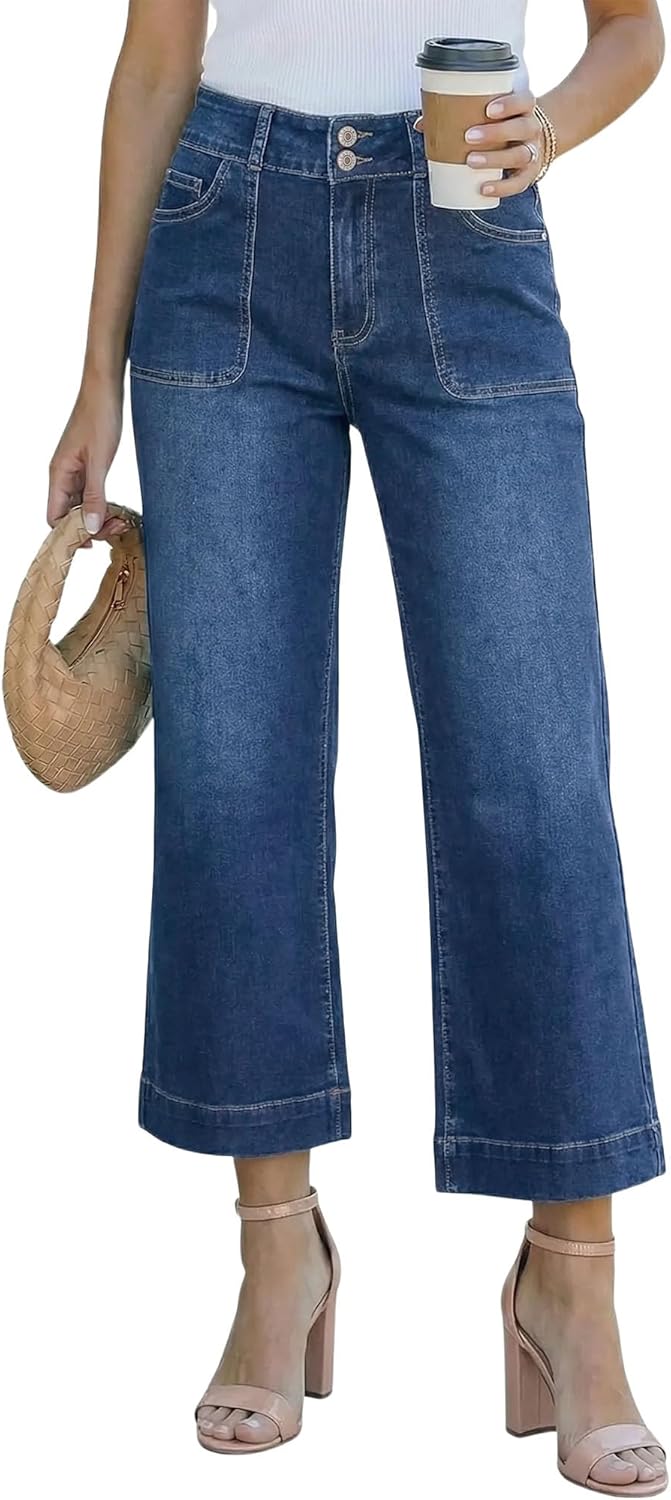 SANMM Jeans for Women High Waisted Wide Leg Flare Jean Cropped Denim Pants Stretchy with Pockets